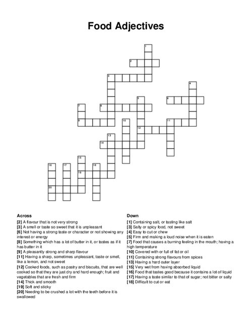 Food Adjectives Crossword Puzzle