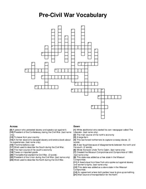 Pre-Civil War Vocabulary Crossword Puzzle