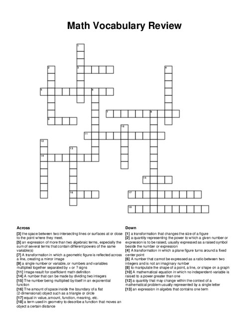 Math Vocabulary Review Crossword Puzzle