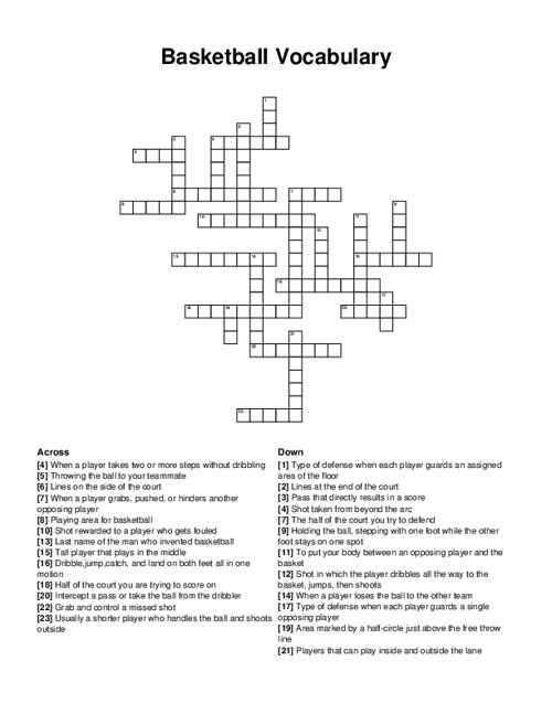 Basketball Vocabulary Crossword Puzzle