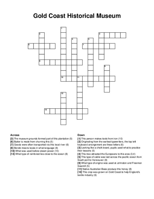 Gold Coast Historical Museum Crossword Puzzle