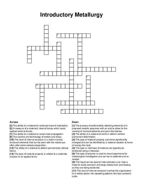 Introductory Metallurgy Crossword Puzzle