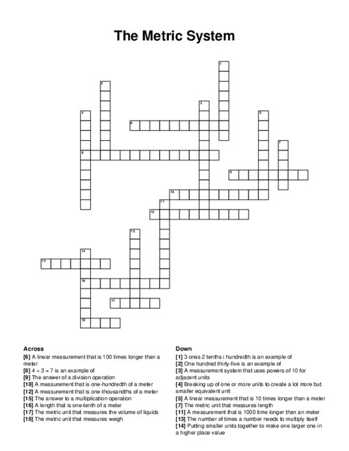 The Metric System Crossword Puzzle