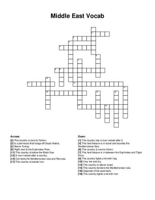 Middle East Vocab Crossword Puzzle