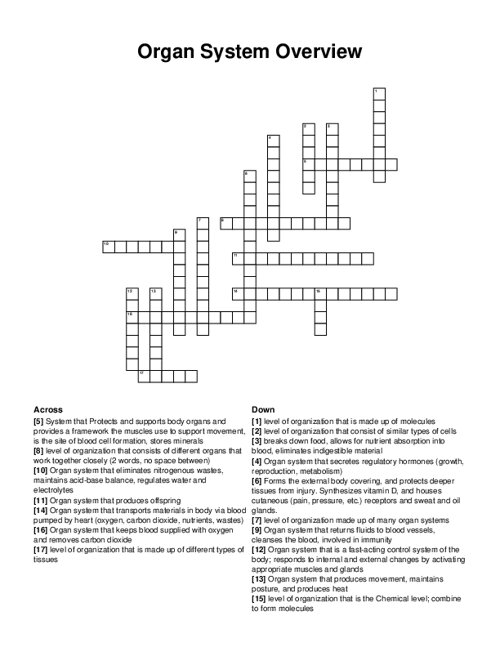 Organ System Overview Crossword Puzzle