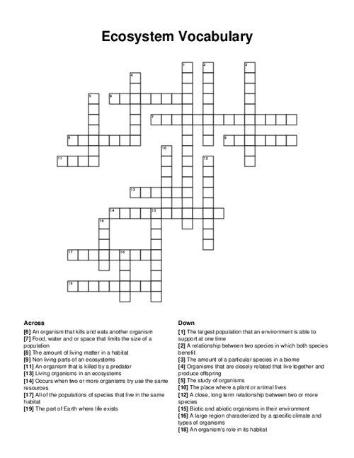 Ecosystem Vocabulary Crossword Puzzle