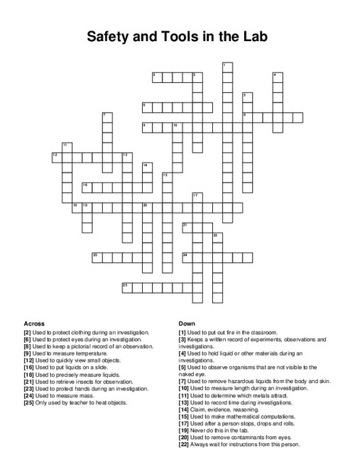 Safety and Tools in the Lab Crossword Puzzle