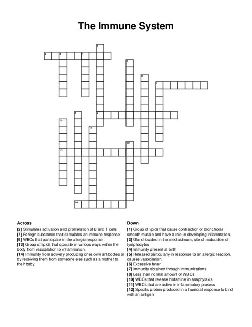 The Immune System Crossword Puzzle