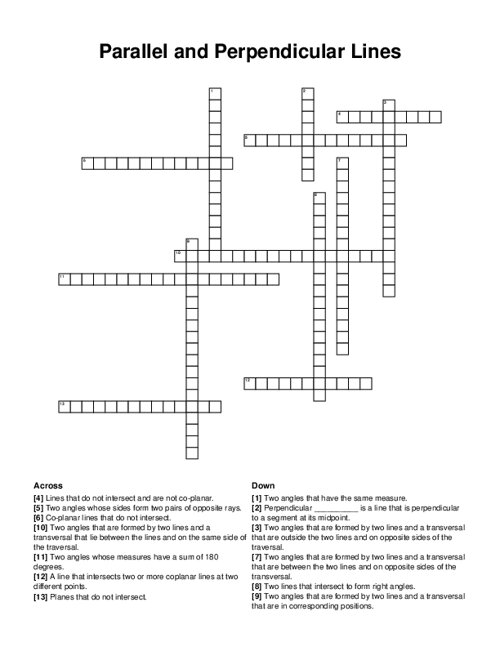 Parallel and Perpendicular Lines Crossword Puzzle
