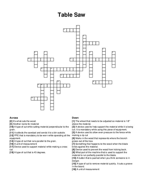 Table Saw Crossword Puzzle