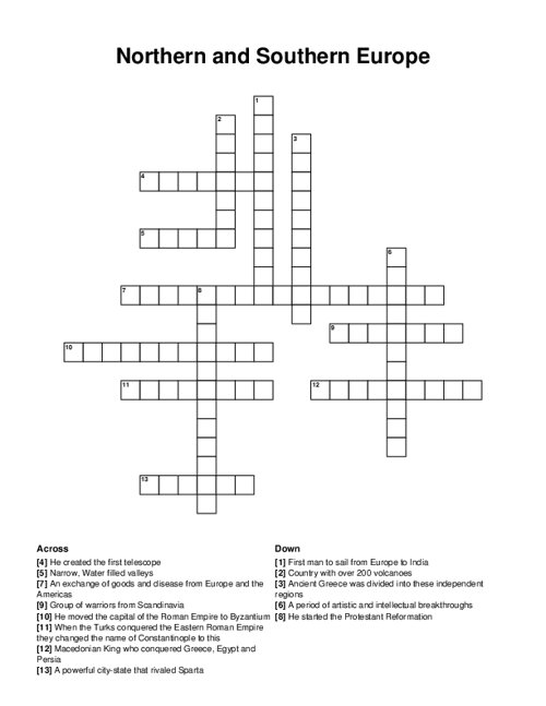 Northern and Southern Europe Crossword Puzzle