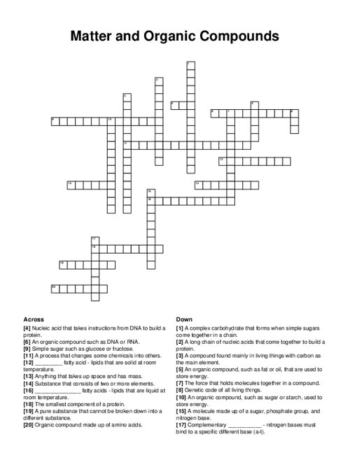 Matter and Organic Compounds Crossword Puzzle