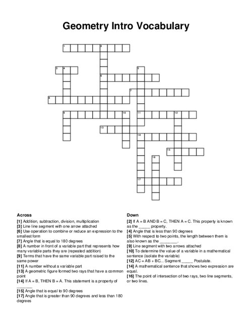 Geometry Intro Vocabulary Crossword Puzzle