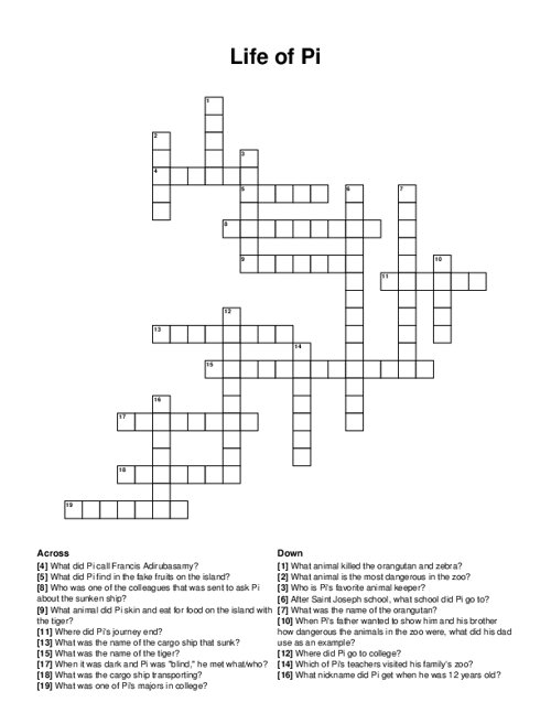 Life of Pi Crossword Puzzle