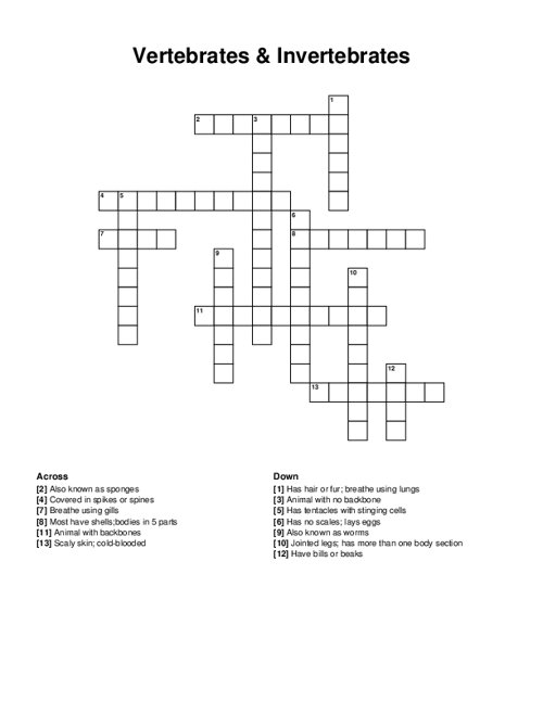 Vertebrates & Invertebrates Crossword Puzzle