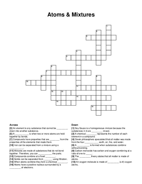 Atoms & Mixtures Crossword Puzzle