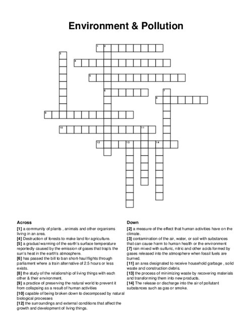 Environment Pollution Crossword Puzzle