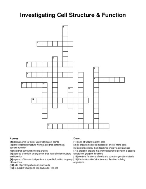 Investigating Cell Structure & Function Crossword Puzzle