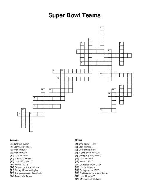 Super Bowl Teams Crossword Puzzle