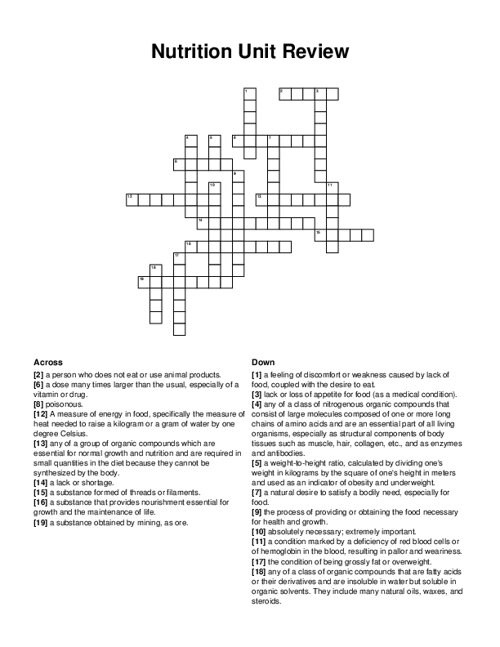 Nutrition Unit Review Crossword Puzzle