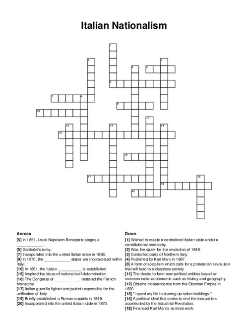Italian Nationalism Crossword Puzzle