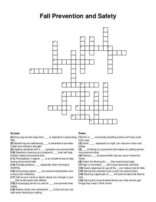 Fall Prevention and Safety Crossword Puzzle