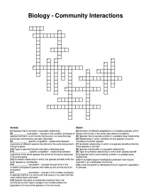 Biology - Community Interactions Crossword Puzzle