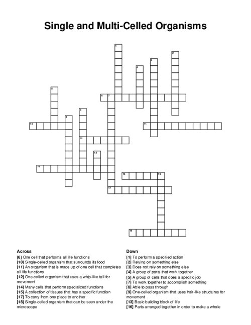 Single and Multi Celled Organisms Crossword Puzzle