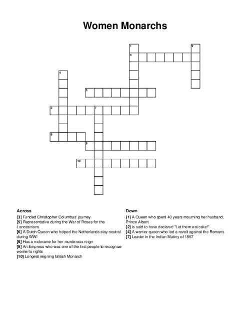 Women Monarchs Crossword Puzzle