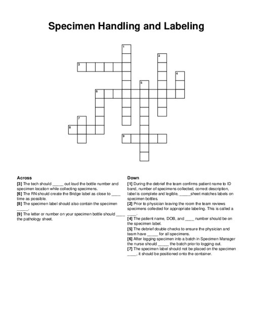 Specimen Handling and Labeling Crossword Puzzle