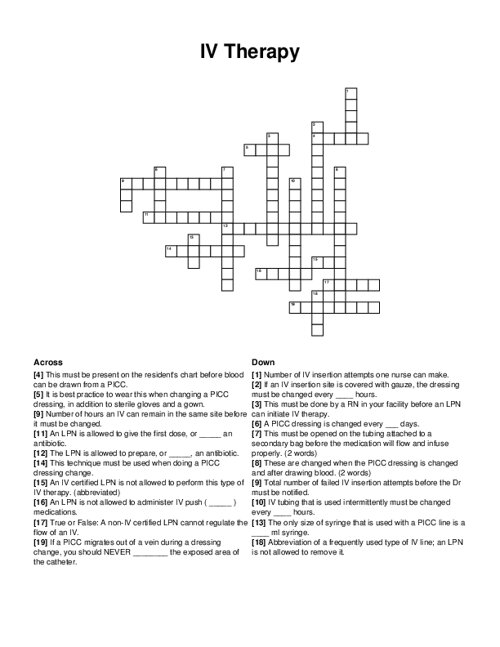 IV Therapy Crossword Puzzle
