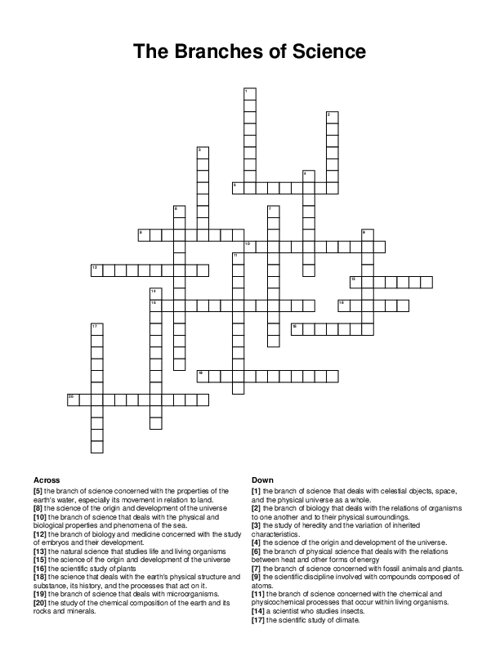 The Branches of Science Crossword Puzzle