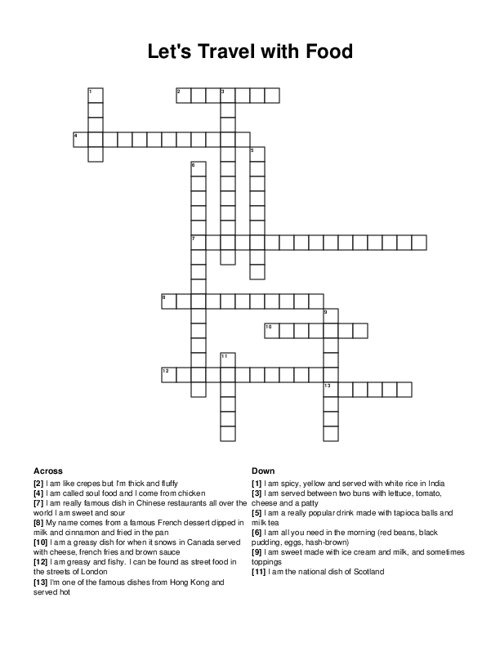 Lets Travel with Food Crossword Puzzle