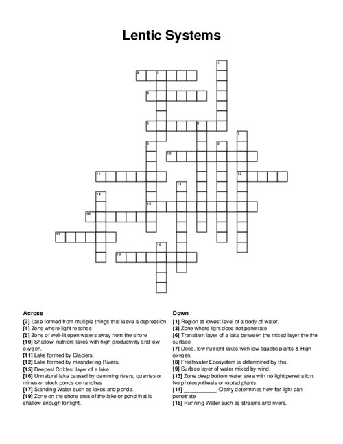 Lentic Systems Crossword Puzzle