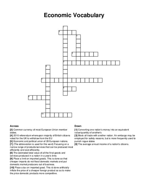 Economic Vocabulary Crossword Puzzle