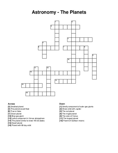 Astronomy - The Planets Crossword Puzzle