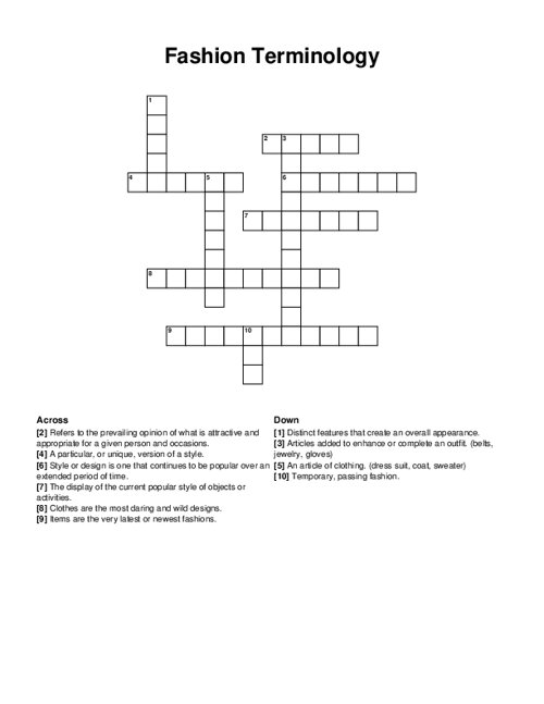 Fashion Terminology Crossword Puzzle