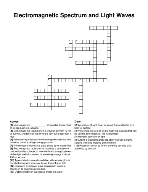Electromagnetic Spectrum and Light Waves Crossword Puzzle