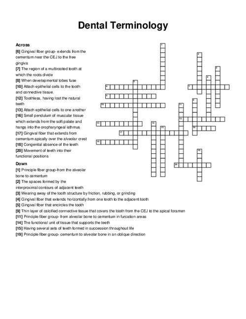 Dental Terminology Crossword Puzzle