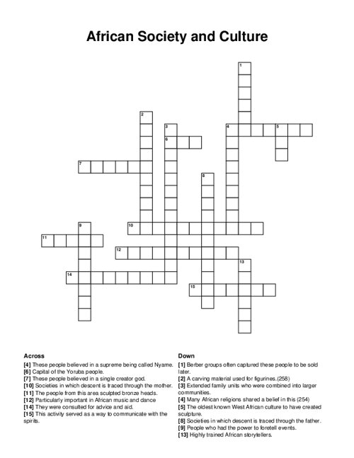 African Society and Culture Crossword Puzzle