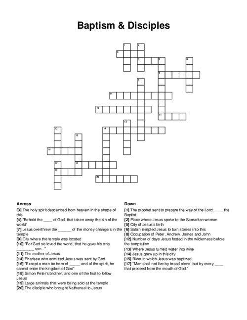 Baptism & Disciples Crossword Puzzle