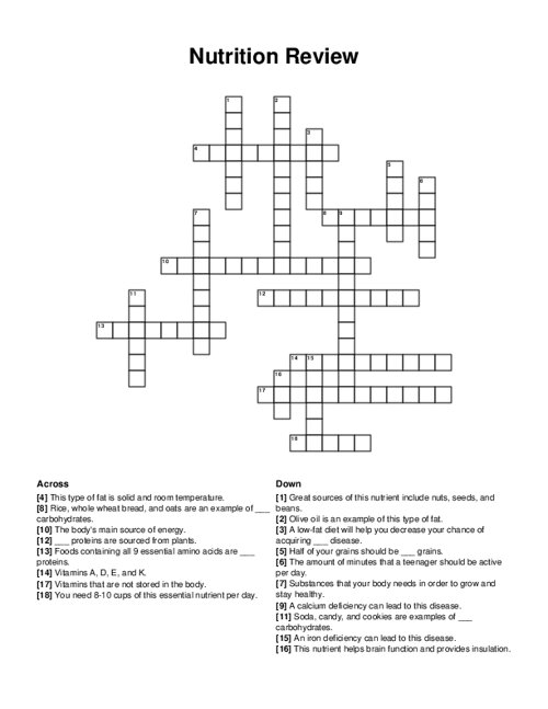 Nutrition Review Crossword Puzzle