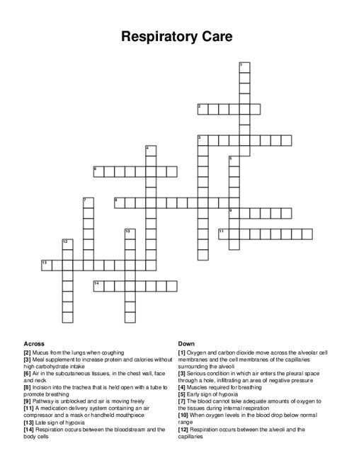Respiratory Care Crossword Puzzle