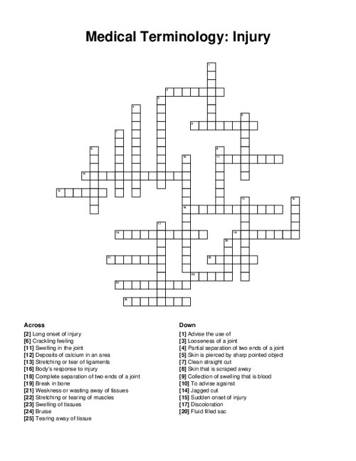 Medical Terminology: Injury Crossword Puzzle