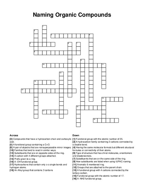 Naming Organic Compounds Crossword Puzzle