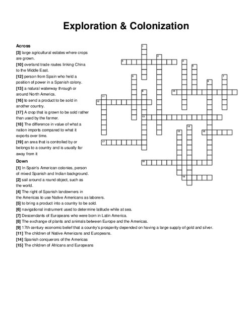 Exploration & Colonization Crossword Puzzle