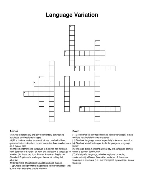Language Variation Crossword Puzzle