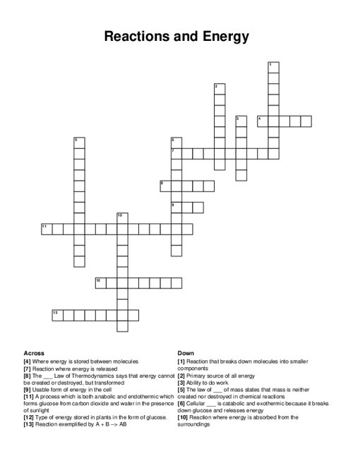 Reactions and Energy Crossword Puzzle