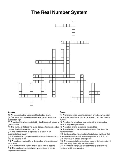 The Real Number System Crossword Puzzle