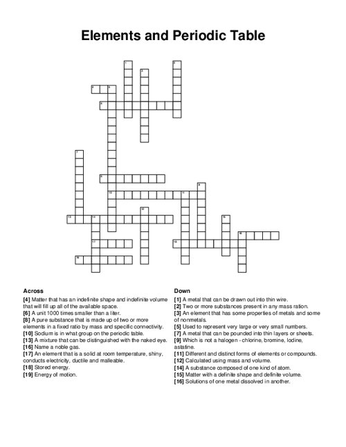 Elements and Periodic Table Crossword Puzzle
